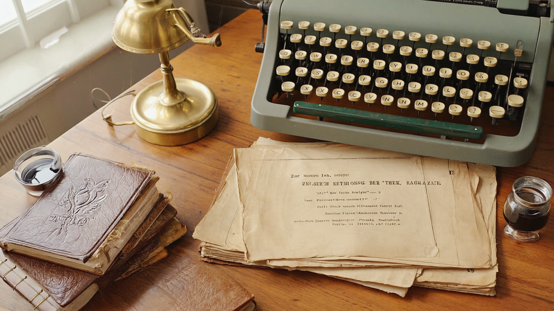Stillleben: Schreibmaschine, Notizbuch und Lyrik-Band — die Werkzeuge eines Regio-Magazins.